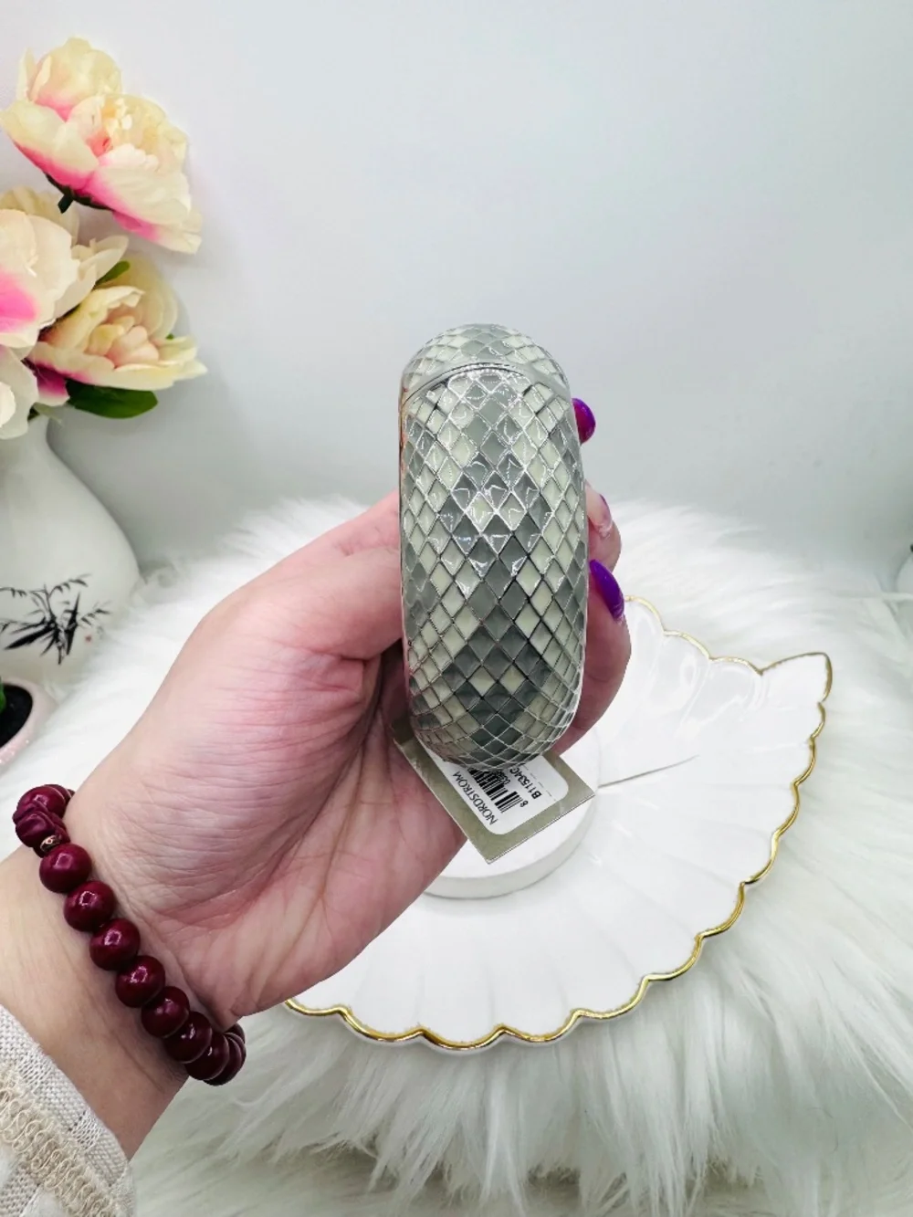 Silver Tone Mosaic Tile Wide Bangle Bracelet Statement Cuff Nordstrom - Picture 3 of 7